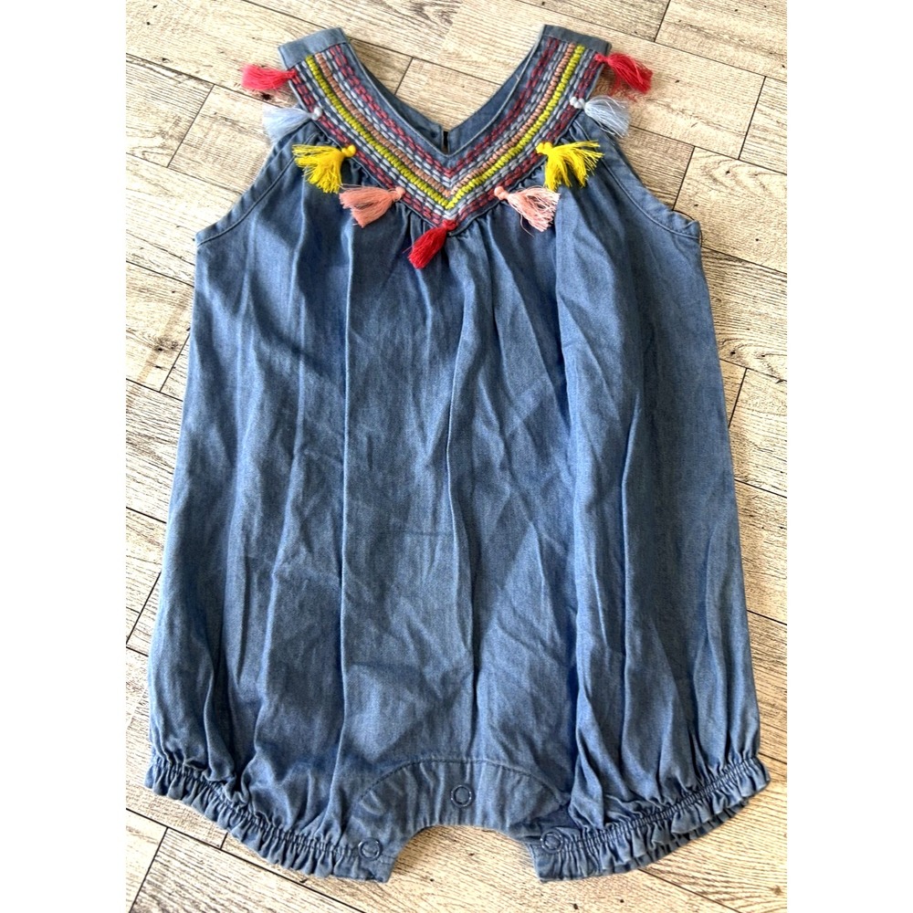 NWT Mud Pie Blue Denim Tassel Chambray Bubble Romper Embroidered 6-9 Months
